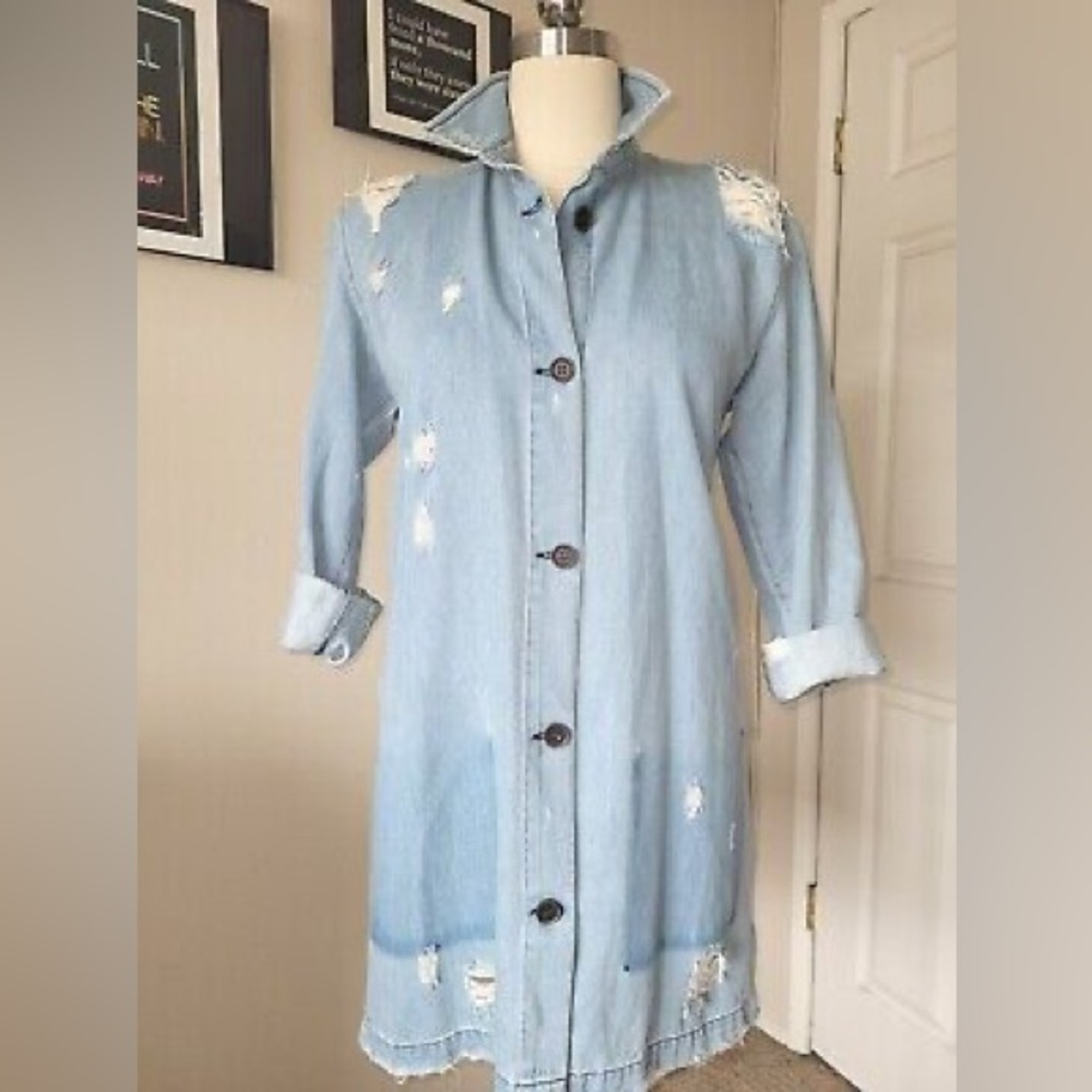 Zara Blue Distressed Denim Long Jacket Size XS